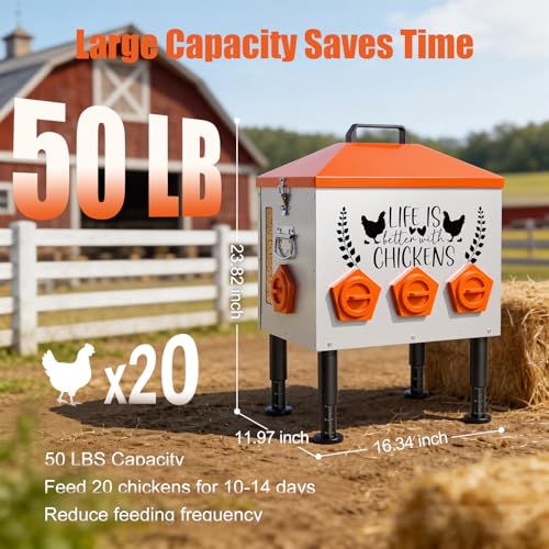 TGEYD 50LB Large Chicken Feeder – 8 Feeding Ports, No-Waste Poultry Feeder with Transparent Viewing Window, Anti-Roost Lid, & Scale-Mark Round Legs