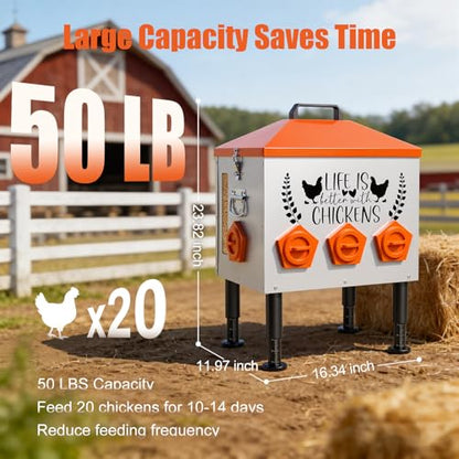 TGEYD 50LB Large Chicken Feeder – 8 Feeding Ports, No-Waste Poultry Feeder with Transparent Viewing Window, Anti-Roost Lid, & Scale-Mark Round Legs