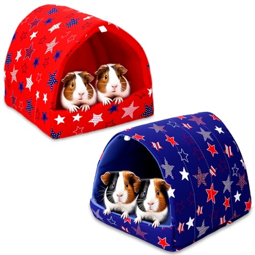 UPINS 2 Pack Guinea Pig Bed, Guinea Pig Hideout Washable Small Animal House Cage Accessories for Dwarf Rabbits Chinchillas Hamsters Hedgehogs Ferrets Bearded Dragons and Rats - color: Red Blue White, size: 9.84 x 9.84 inch
