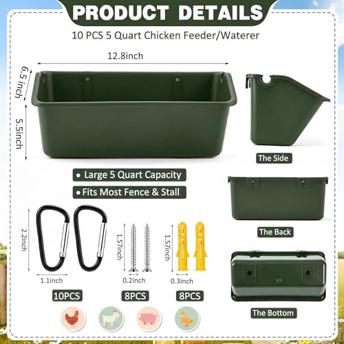 Wenqik 10 Pack Chicken Feeder Waterer Hanging Goat Feeders, 5 Quart Fence Mount Poultry Feed Troughs with Metal Clips and Screws, Livestock Feed Buckets for Sheep Duck Coop, Farm, Geese (Green) - color: Green
