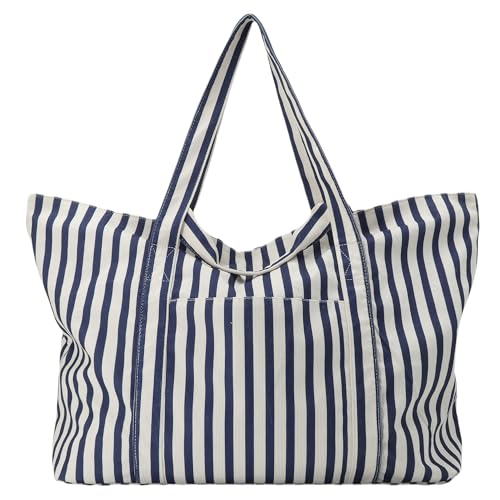 UERRUAM Extra Large Beach Bag for Women,Big Weekender Tote with Zipper and Pocket for Overnight Trip,Washable Corduroy Fabric - color: Navy Stripe