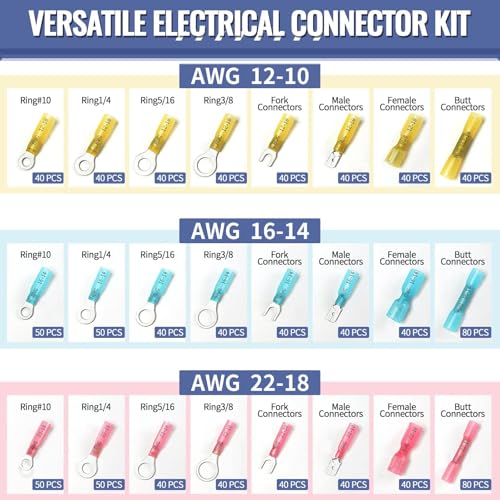 1080PCS Heat Shrink Wire Connectors, Sopoby Marine Grade Electrical Connectors Kit of Tinned Red Copper, Waterproof Crimp Insulated Ring Fork Spade Butt Splice AWG 22-10 - size: 1080 PCS Kit