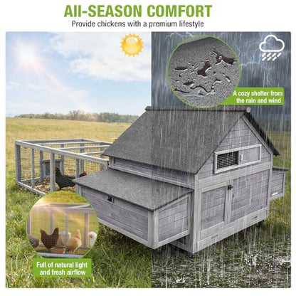 GUTINNEEN 119" Large Chicken Coop with Run, 35.4ft² Overall Space for 4-6 Chickens, Outdoor Mobile Wooden Hen House & Duck Coop on Wheels with Wire Fence Run, Removable Tray & 2 Nesting Boxes - color: Grey with Run 35.4ft²