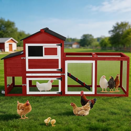 Mobile Chicken Tractor with 2 Nesting Boxes, 81" Large Wooden Chicken Coop for 2-4 Chickens, Predator Proof Poultry House with Wheels, Waterproof Roof & Removable Tray (Red, 80.7"L x 22"W x 44.1"H) - color: Red, size: 80.7"L x 22"W x 44.1"H