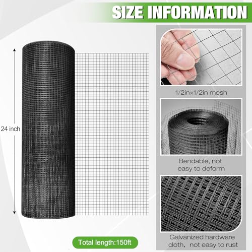 Tatuo Hardware Cloth 1/2 Inch 24 in x 200 ft Hot Dip Galvanized After Welded Cage Mesh Rolls 21 Gauge Metal Chicken Wire Roll Wire Fencing Poultry Netting for Raised Garden Rodent Animals(Black) - color: Black, size: 24 in X 200ft