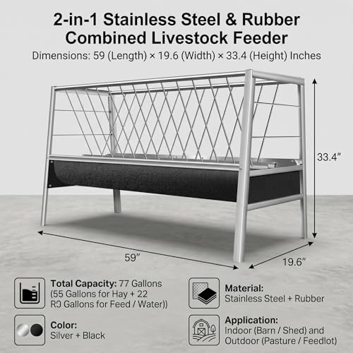 77 Gallon Pasture Feeder 2-in-1 Hay Grain System Stainless Steel Frame Rubber Trough Waste-Reducing Design for Goats Sheep Horses Lamb