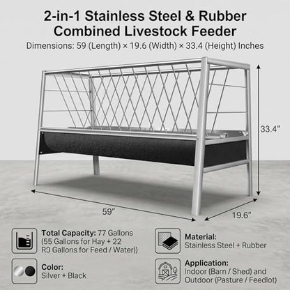 77 Gallon Pasture Feeder 2-in-1 Hay Grain System Stainless Steel Frame Rubber Trough Waste-Reducing Design for Goats Sheep Horses Lamb