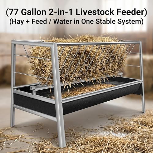 77 Gallon Rustproof Hay Feeder, Stainless Steel Livestock Feeder with Rubber Trough, Anti-Waste Farm Feeding Station for Goats, Sheep, Calves and Horses Ranch Supplies