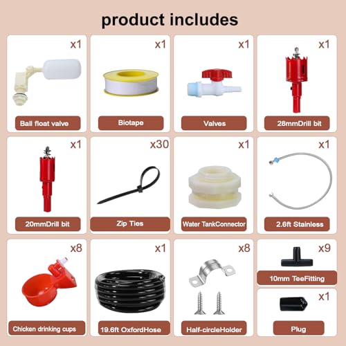 Automatic Chicken Watering System Including 8 Chicken Water Cups, 6 Meters Black Plastic Hose, Other Pipe Accessory, Float Valve Automatically dispenses Water, Making Poultry Feeding Easy
