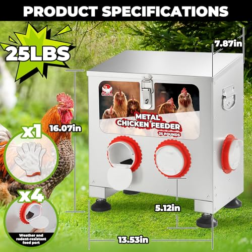 25 lbs 4-Port Automatic Chicken Feeder Box with Locking Lid&Riveted Handles,Chicken Feeder No Waste, Adjustable Legs for Chickens, Poultry Coop,Large Capacity Rainproof Metal Chicken Feeders - size: 25LBS