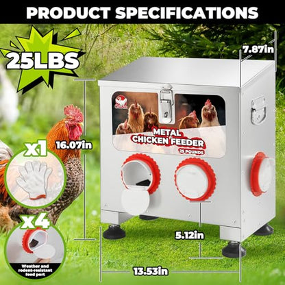 25 lbs 4-Port Automatic Chicken Feeder Box with Locking Lid&Riveted Handles,Chicken Feeder No Waste, Adjustable Legs for Chickens, Poultry Coop,Large Capacity Rainproof Metal Chicken Feeders - size: 25LBS
