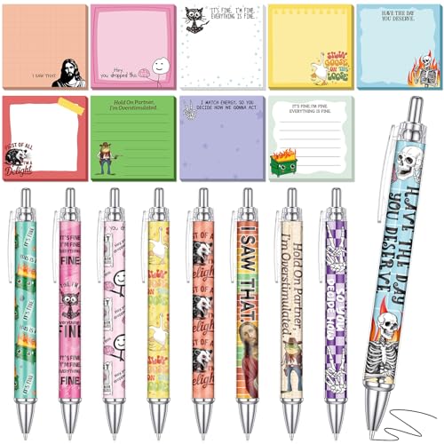 18 Pcs Funny Desk Accessories, 9 Pads Cute Sticky Notes, 9 Kawaii Pens, 3 x 3 Inches Notepads Memo Pad for Office Supplies Meeting Students School Decor Teacher Gifts - style: Funny