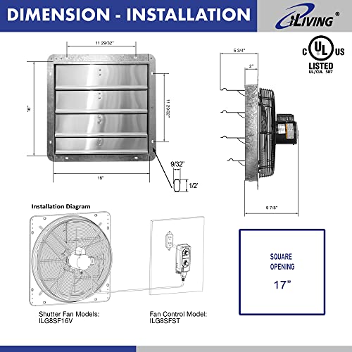 iLIVING 16" Wall Mounted Shutter Exhaust Fan, Automatic Shutter, with Thermostat and Variable Speed controller, 0.85A, 1200 CFM, 1800 SQF Coverage Area Silver (ILG8SF16V-ST) - style: Plugin Thermostat & Speed Controller