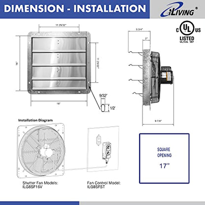 iLIVING 16" Wall Mounted Shutter Exhaust Fan, Automatic Shutter, with Thermostat and Variable Speed controller, 0.85A, 1200 CFM, 1800 SQF Coverage Area Silver (ILG8SF16V-ST) - style: Plugin Thermostat & Speed Controller