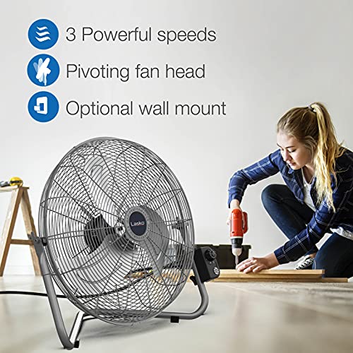 Lasko 20" Silver High Velocity Wall Mount Fan with Pivoting Head - 3 Speeds, Ideal Wall Mount Fan or Floor Fan for Home, Garage, Attic, 2265QM - color: Silver 2265qm
