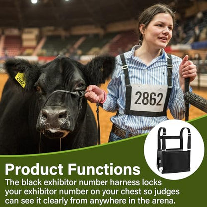 Black Exhibitor Number Harness Adjustable Show Number Holder for 4-H/FFA, Sheepdog Trials, Breed Shows