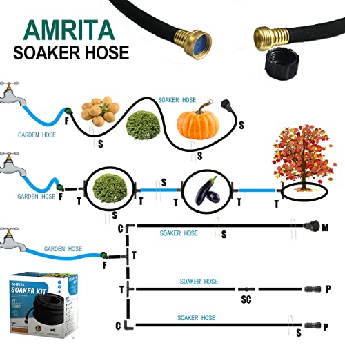 AMRITA Soaker Hose KIT,1/2inch 100ft Rubber Garden Hose 70% Water Saving,Black Heavy Duty Soaker Hose For Garden Lawn,Garden Raised Beds.(1/2-100FT) - color: 1/2"×(100FT)