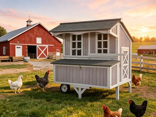 GUTINNEEN Chicken Coop with Large Wheels for 3-6 Chickens, Mobile Wooden Hen House with 3 Nesting Boxes, Removable Tray, Durable Outdoor Duck Coop Rabbit Hutch - size: 48.6"L x 41.0"W x 51.2"H