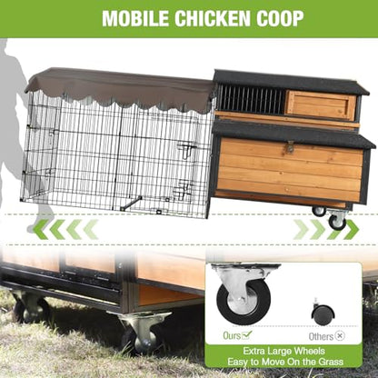 GUTINNEEN Mobile Chicken Coop with Strong Iron Frame Outdoor Hen House with Run Poultry Cage with Waterproof Roof,Nesting Box,Pull-on Tray,6-8 Chickens - size: 76.7"L x 53.8"W x 36.8"H