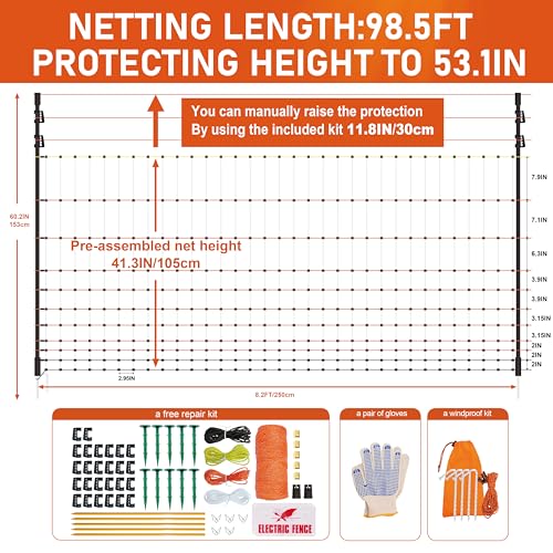 Poultry Electric Netting Fence - 41.3''H (can be Manually Raised to 53.1''H) x 98.5'L for Flying Chicken, Sheep, Goats in Farms, Ranches and Gardens, PK2 - style: (41.3 to 53.1)" x 98.5' - PK2
