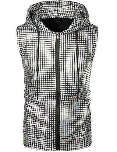 ZEROYAA Mens Shiny Metallic Zip Up Sleeveless Hooded Vest T Shirt with Kangaroo Pocket - color: Silver Sequin, size: X-Large