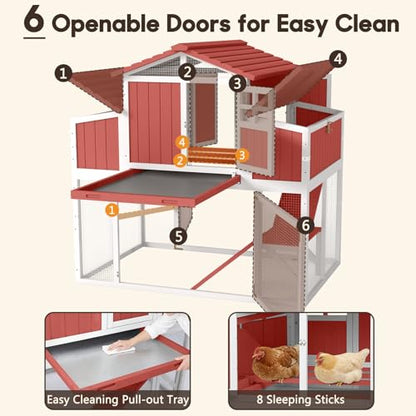 Extra Large Connected Chicken Coop with Center Run for 6–10 Chickens, Dual Wooden Hen Houses, 2-Tier Elevated Design, Nesting Boxes, Pull-Out Tray, Reinforced Frame, Red - color: Red