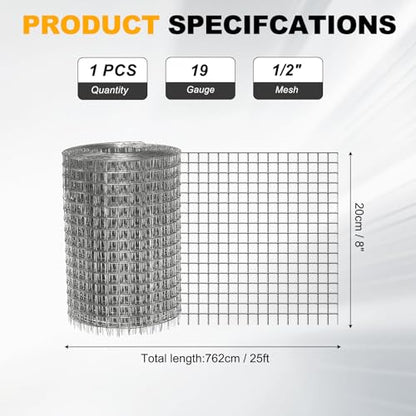 DTGN 8" x 25ft 19GA Hardware Cloth, 1/2" Galvanized Steel Wire Mesh, Chicken Wire Fence, Poultry Animal Netting for Garden Plant Welded, Rabbit Cage, Snake Rat Protection, Gutter Guard - size: 8" x 25ft