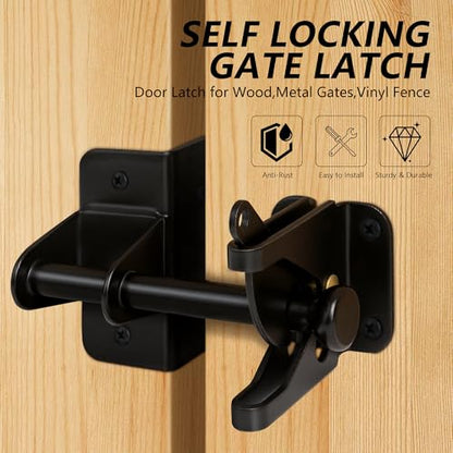 Self Locking Gate Latch for Wooden Fence, Heavy Duty Automatic Gravity Fence Latch for Wood Metal Gate, Gate Hardware Door Lock for Outdoor Pool Garden Shed, Black, 1Pack