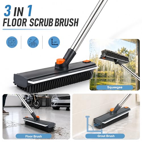 Floor Scrub Brush with Long Handle, 3 in 1 Floor Scrubber, Heavy Duty Stiff Bristle Squeegee Broom for Cleaning Shower Bathroom, Tile, Patio, Pool, Garage, Kitchen and Deck, Grey