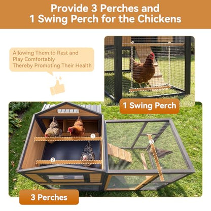 PETSFIT Wooden Chicken Coop with 71" Run for 4-6 Chickens, Predator-Proof Backyard Hen House with 6 Ground Anchors, 3 Nesting Boxes, 3 Perches & Chicken Swing, Waterproof PVC Roof, 3-Door Easy Clean