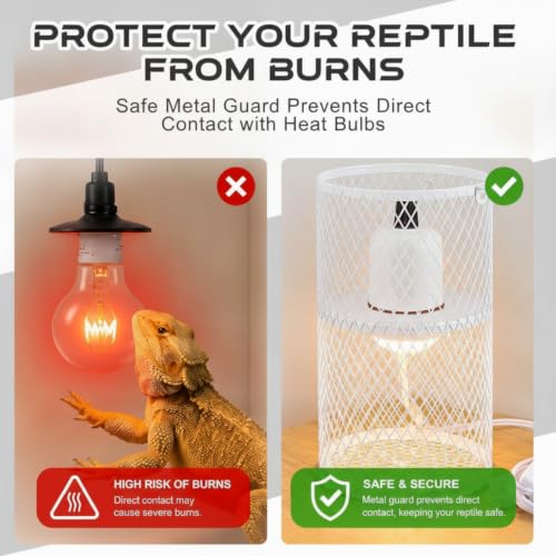 VIHOSE 1 Pcs Reptile Heat Lamp Guard with 150W Ceramic Heat Emitter Basking Anti Scald Heating Lamp Holder Mesh Cage Reptile Protection Lampshade for Lizard Snake Without Bulb (4 Inch,White,White) - color: White, White