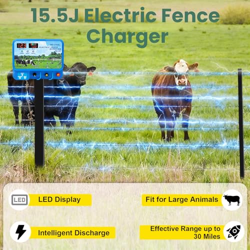 15.5J Electric Fence Charger, 15.5 Joules 600 Acres, AC DC 2 in 1 Powered Supply, Input 12V Output 12KV, with Display Remote and Alarm, Keep Out Predators, Contain Cattle Cow and Livestock