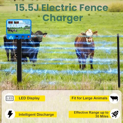 15.5J Electric Fence Charger, 15.5 Joules 600 Acres, AC DC 2 in 1 Powered Supply, Input 12V Output 12KV, with Display Remote and Alarm, Keep Out Predators, Contain Cattle Cow and Livestock