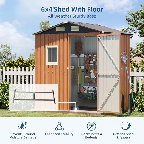 6x4FT Outdoor Storage Shed, Metal Garden Shed with Floor Base & Updated Frame Structure, Lockable Door and Window, Large Tool Shed for Backyard, Patio, Lawn, Utility & Bike Storage - size: 6x4 FT with Base