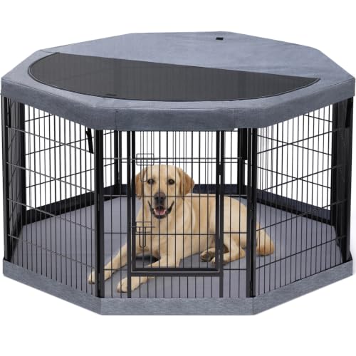 PETIME Dog Playpen,Metal Exercise Puppy Pen Heavy Duty Kennels Yard Fence Indoor/Outdoor 8 Panels Dog Cage with Octagon Top Cover/Bottom Pad (Playpen+Octagon Top+Bottom, Grey, 40" H) - size: 40"H, style: Playpen+Octagon Top+Bottom