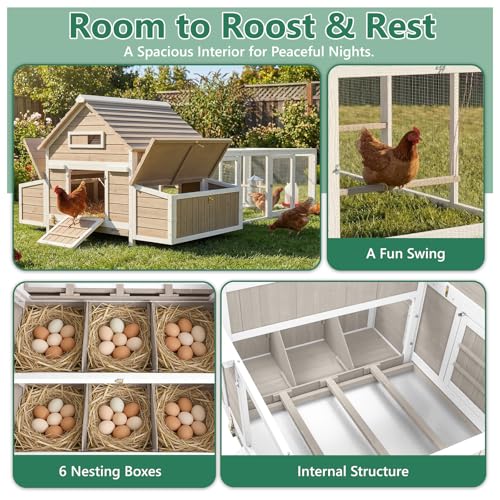 Large Chicken Coop for 6-8 Chickens with 6 Nesting Boxes, Wooden Outdoor Hen House with 9 Access Doors, Backyard Chicken Coop with Run, 5 Perches & Swing, Pull-Out Tray, Weatherproof Openable Roof - size: 118.3"L x 61.0"W x 40.0"H