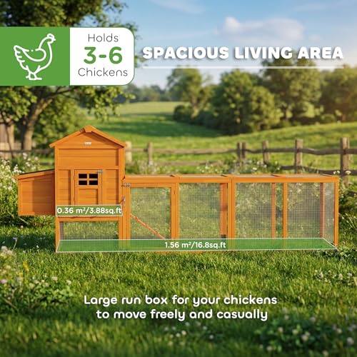 PawHut 118" Extra Large Chicken Coop with Asphalt Roof, Wooden Hen Run with Slide-Out Tray and Nesting Box, Chicken Hutch for 3-6 Chickens, Orange - color: Orange