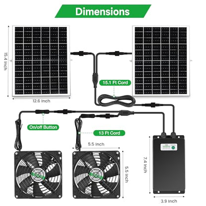 blessny 5.5" Solar Rechargeable 2 Fan Kit for Intake or Exhaust air, Weatherproofed 50W Solar Powered Fans for Outside Chicken Coops, Greenhouses, Shed, Pet House Air Ventilation - size: 2 Fan Large Kit