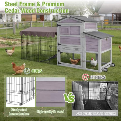 GUTINNEEN Large Wooden Chicken Coop with Run for 4–6 Chickens, Outdoor Chicken House with Wheels, Nesting Box & Removable Tray, Waterproof Asphalt Roof, Steel Frame Poultry Cage - size: 79.1"L x 25.2"W x 43.6"H