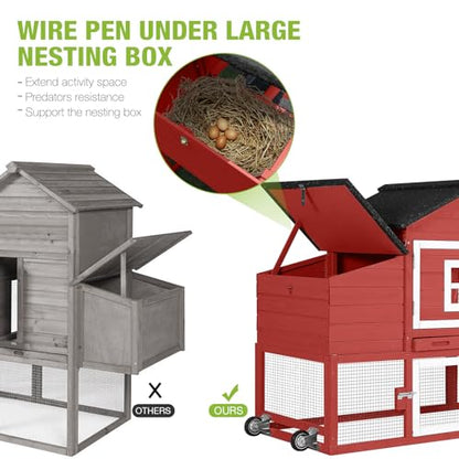 GUTINNEEN Chicken Coop Mobile Hen House Wooden with Run Poultry Cage with Nesting Box,Red - color: Red