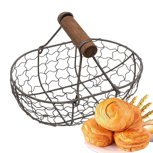 DUDOK Egg Basket, Iron+Wood Wire Egg Basket, Farmhouse Design, Black, Rectangular, Sturdy, Holds 12 Eggs, Comfortable Handle, Decorative, Kitchen, Dining Room, Living Room