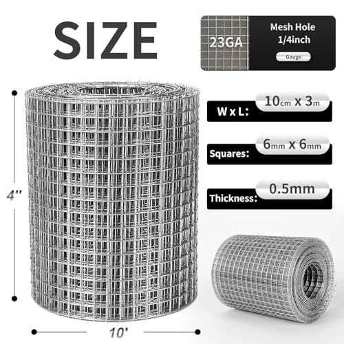 Hardware Cloth 1/4 in Galvanized Wire Mesh Roll (23 GA) Chicken Wire Fence Roll for Chicken Pen/coop Fences, Screen mesh, Rabbit/Snake Fences, Poultry enclosures, Handicraft Ma（4'' x 10' ） - size: 4In x 10Ft