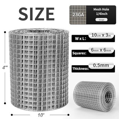 Hardware Cloth 1/4 in Galvanized Wire Mesh Roll (23 GA) Chicken Wire Fence Roll for Chicken Pen/coop Fences, Screen mesh, Rabbit/Snake Fences, Poultry enclosures, Handicraft Ma（4'' x 10' ） - size: 4In x 10Ft