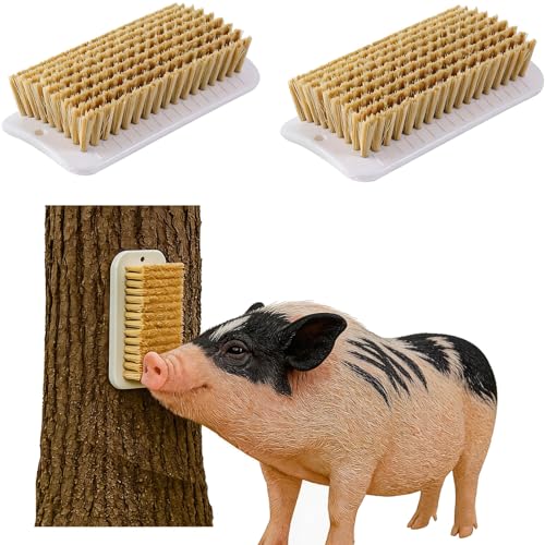 2 Pcs Mini Pig Self-Grooming and Scratch Brush, Pig Enrichment Toy | Pig Scratch Brush with Hanging Hole for Fences & Pens, Encourages Natural Behavior