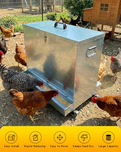 85lbs Metal Chicken Feeder on Wheels, Magicfly Automatic Large Chicken Feeders No Waste Feed Box Poultry Feeder with Latch and Handle, Oyster & Grit Trough for Ducks, Turkeys & Chickens