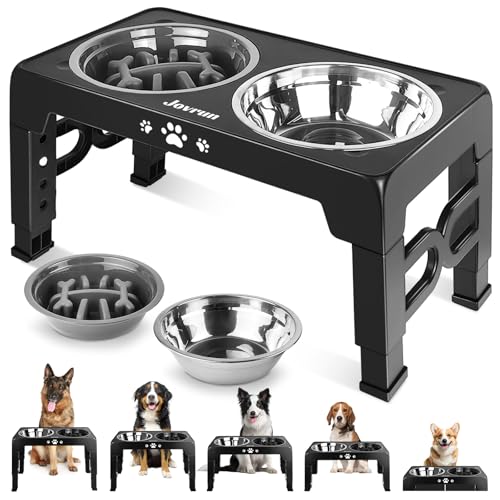 Jovrun Elevated Dog Bowls for Medium Large Size Dogs, Non-Slip Dog Feeder with 1*Stainless Steel Dishes & 1*Slow Feeder Bowl, 5 Heights Adjustable Raised Bowls to 3.15″-8.66″-9.84″-11.02″-12.2″ - color: Black, size: for Medium Large Dogs 1 Basic&1Slow Bow