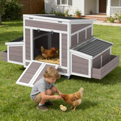 65.75" Chicken Coop, Outdoor Wooden Chicken House, Large Chicken Coop Hen House with 4 Nesting Boxes, Poultry Pet Cage for Lawn Backyard for 4-6 Chickens(Grayish Brown)