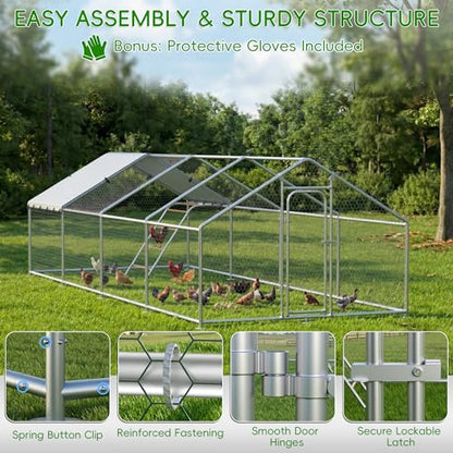 Large Metal Chicken Coop with Roosting Perch, Waterproof and UV Protection Cover, Chicken Run Outdoor Walk-in Cage Chicken Rabbit Duck Hen House for Yard Farm Use Spire Roof (10’ W x 26.2’ L x 6.4’ H) - size: 315.0"L x 118.0"W x 78.0"H