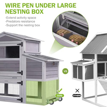 GUTINNEEN Chicken Coop 80in Mobile Chicken House with Run Portable Wooden Poultry Cage with Nesting Box Rabbit Hutch on Wheels,Movable