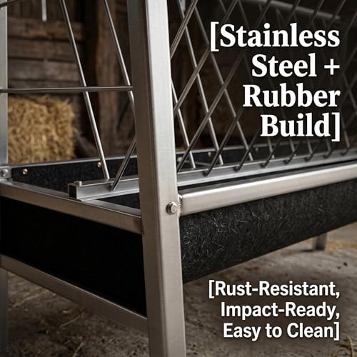 Farm Livestock Feeder, 2-in-1 Stainless Steel Goat Feeder, 77 Gallon Anti-Waste Hay Feeder with Rubber Trough, Heavy Duty for Goats, Sheep, Pigs, Ideal for Barn, Horse Farm, Outdoor Pen